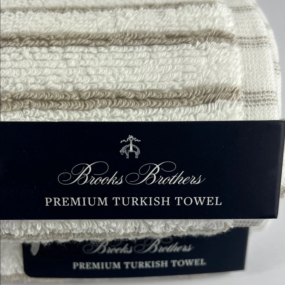 Brooks Brothers Bath Towel Set Tan White Striped Turkish 100% Cotton 2 Pc NEW